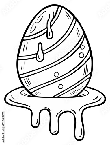 Melting decorated Easter egg with stripes cartoon black and white line art