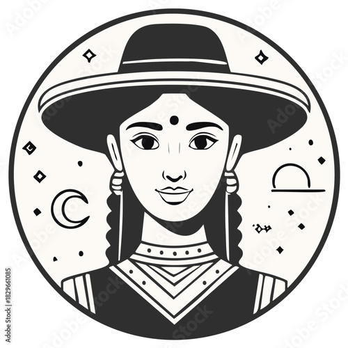 Stylized portrait of a woman with celestial elements and zodiac symbol