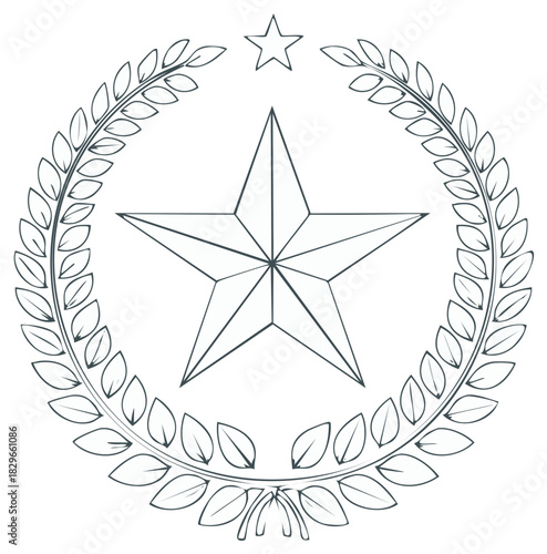 Elegant five pointed star inside a laurel wreath award seal line drawing