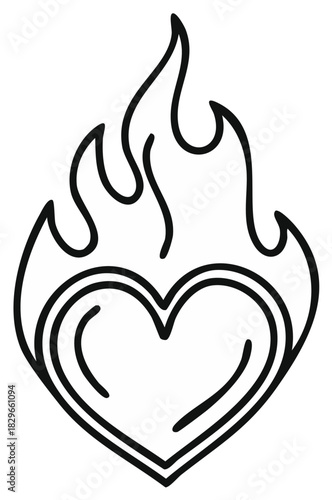 Heart in Flames Vector Illustration, Passion Love Concept, Graphic, Tattoo Design