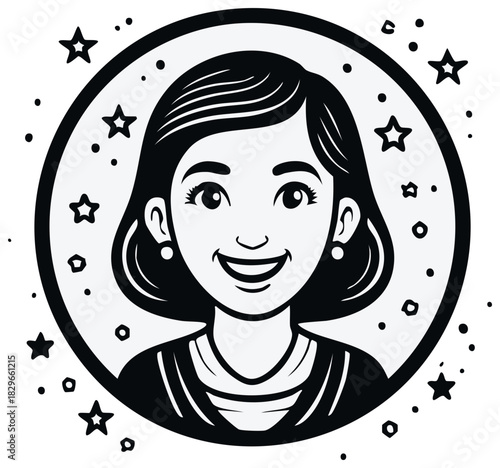 Happy Young Girl Smiling in Starry Circle Frame Illustration