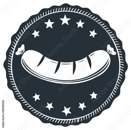 Vintage sausage emblem with stars. Retro butcher shop logo or deli food seal.