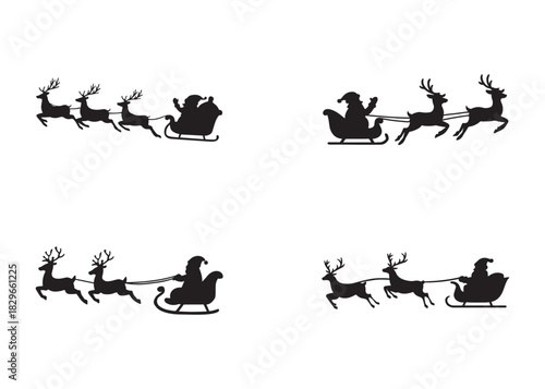 santa flying in sleigh with reindeer logo silhouette vector, santa's sleigh silhouette vector illustration, christmas night sky sleigh and reindeer flying logo silhouettes vector on white background