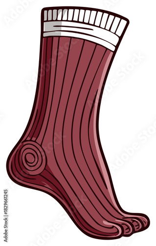 Illustrated foot in red socks with ribbed texture and a graphic style.