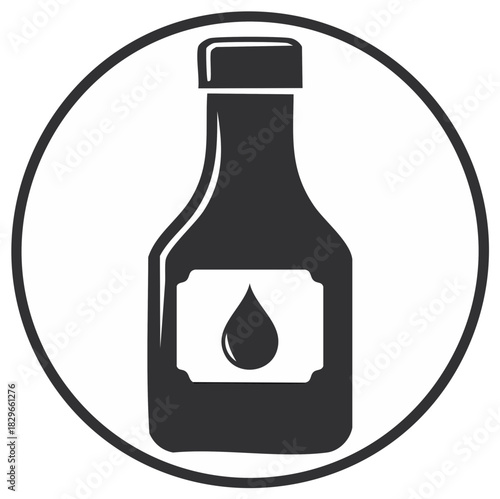 Sauce bottle with liquid drop symbol on label, simple black and white vector icon design