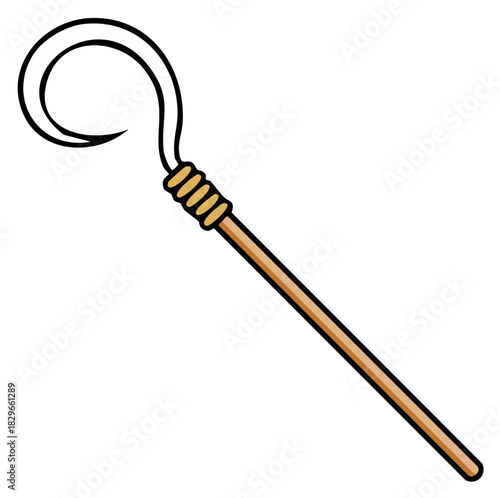 Cartoon Style Shepherd's Crook Wooden Staff with Curved Hook and Wrapped Handle