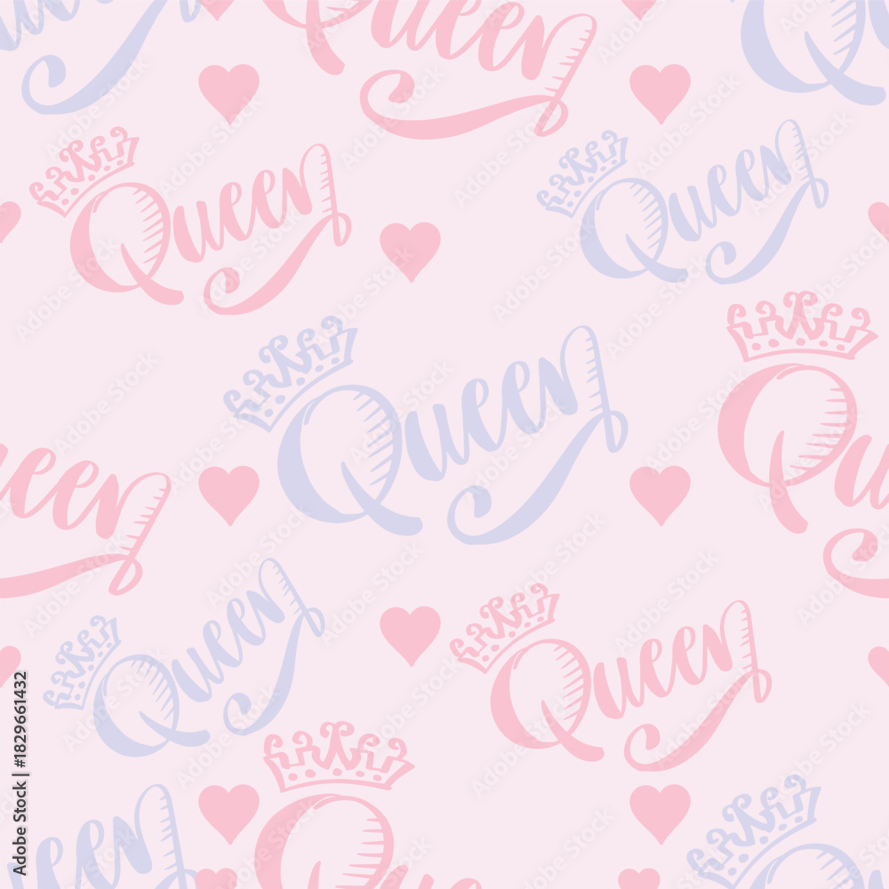 Fototapeta premium Soft Pastel Queen Lettering with Crowns and Hearts Seamless Background