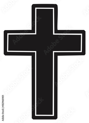 Bold Black Christian Cross Symbol with White Outline Minimalist Graphic Design Element