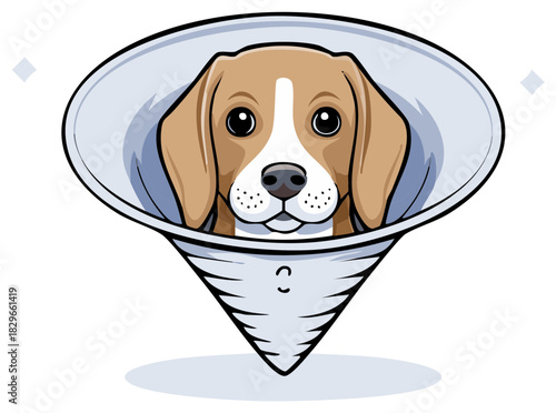 Cartoon beagle dog wearing a medical cone collar, vet care concept