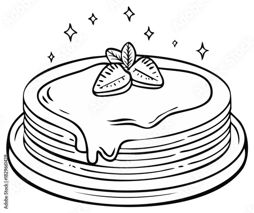 Delicious Stack of Pancakes Topped with Strawberries Syrup and Mint Line Art Illustration