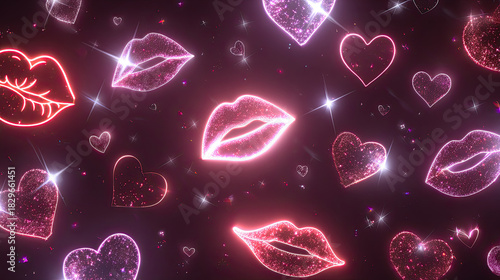 Romantic 3D rendering of lips and hearts pattern background with pink neon light glow, glitter sparkles, stars and bubbles on dark purple black backdrop, love concept for happy Valentine’s Day celebra