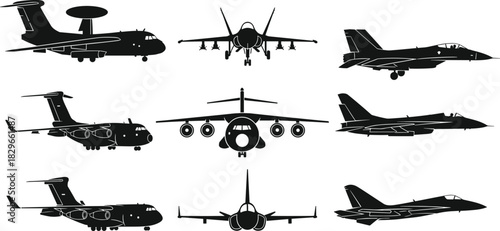 Military aircraft silhouettes, fighter jets, transport planes, surveillance aircraft, front and side views, tactical aviation, black vector, defense aviation icons