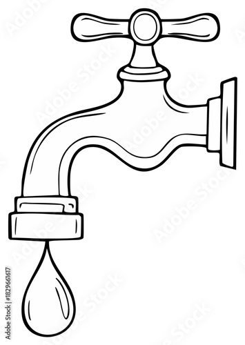 Outline drawing of water tap with a single drop of water, water crisis concept