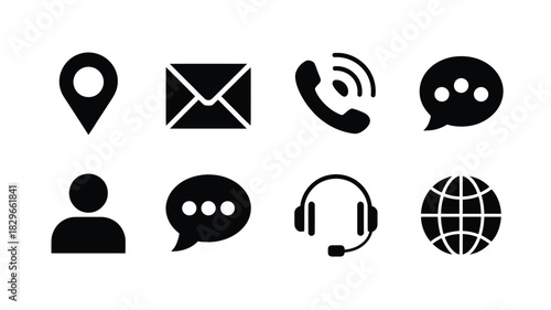 Black and white contact information icons including location email phone chat user support and globe symbols