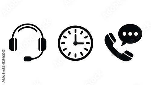 Illustration of a headset a clock and a telephone with a speech bubble on a plain white background