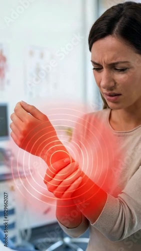 Young Woman Experiencing Wrist Pain and Carpal Tunnel Symptoms in Medical Clinic