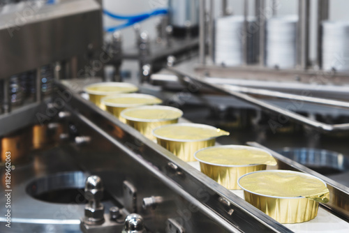 Industrial belt conveyor for the production and packaging of food products in plastic and metallized can packaging, industrial concept background.