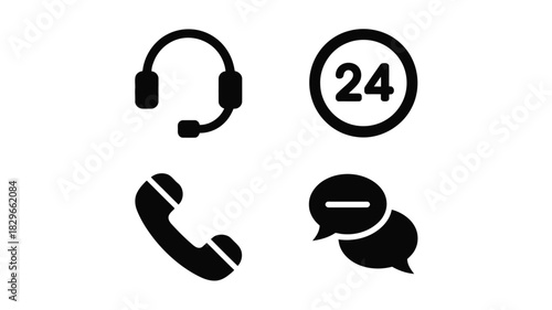 A collection of four black and white icons representing customer support and communication methods online