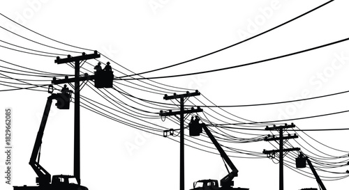 Utility workers in bucket trucks repairing overhead power lines, electrical grid maintenance, linemen at work, utility poles, high-voltage safety procedures, crew equipment