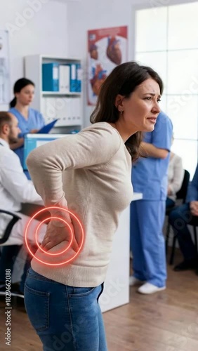 Woman Suffering from Severe Lower Back Pain and Sciatica in Hospital Waiting Room