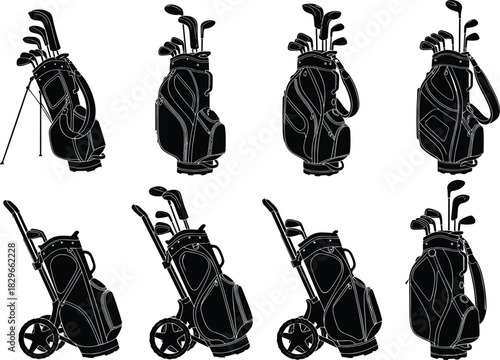 Black silhouette golf bags with clubs on white background various angles golf clubs