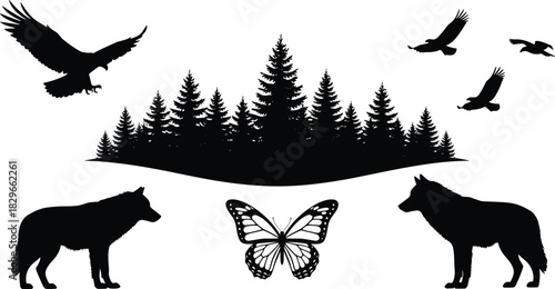 Black silhouette of forest trees with flying eagles and wolves with butterfly white