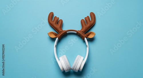 White wireless headphones with brown reindeer antlers on blue background