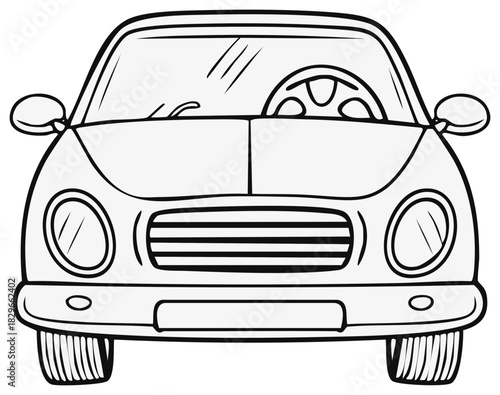 Illustration of a Classic Style Car Seen From the Front, Outline Vector Graphic