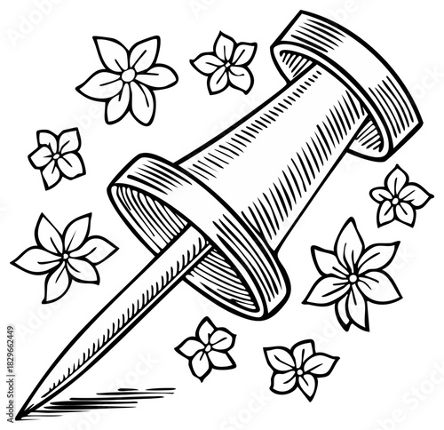 Engraved Push Pin with Flowers Botanical Flair Black and White Line Art Illustration