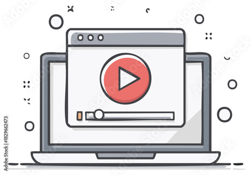 Hand drawn style illustration of a laptop displaying a video player with a play button and progress bar