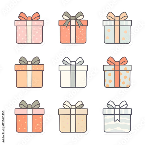 Collection of nine pastel-colored gift boxes with ribbons and bows, perfect for celebrations