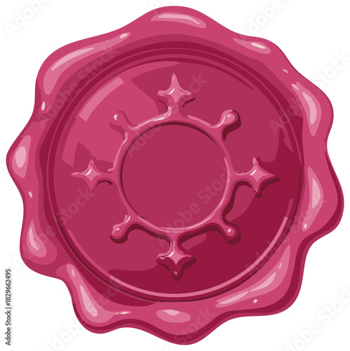 Ornate magenta wax seal with a glossy finish and royal insignia stamp
