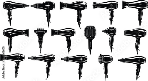 Collection of black and white illustrations of various hair dryers and attachments