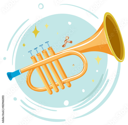 Cartoon trumpet illustration with musical notes and star elements on a blue background