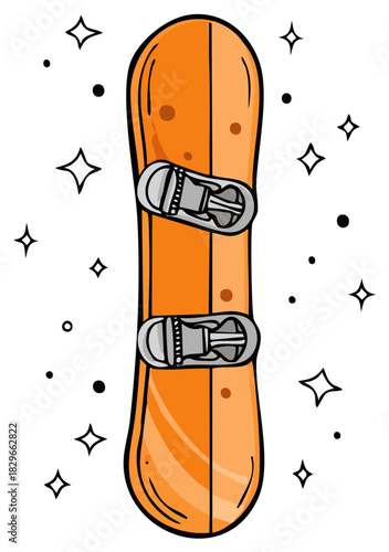 Cartoon illustration of an orange snowboard with bindings and sparkles