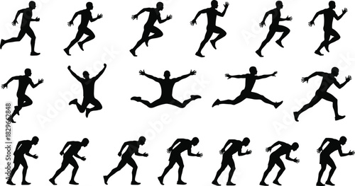 Collection of black male runner silhouettes in various running jumping and celebrating poses