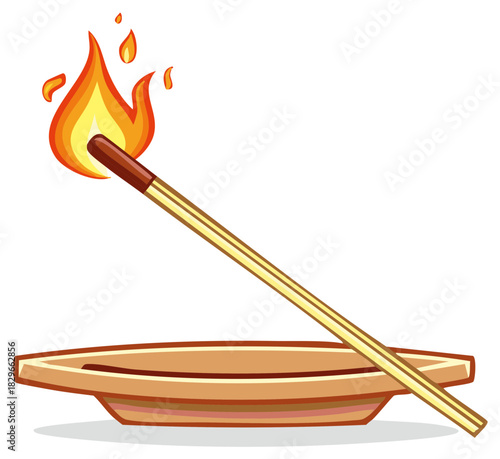 Aromatic Incense Stick Burning Brightly Producing Flame in Traditional Wooden Holder