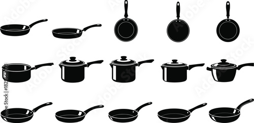 Collection of black silhouette cookware including frying pans and saucepans kitchenware