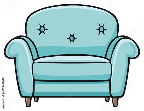 Illustration of a light blue cartoon couch with dark lining, brown legs, and button decorations