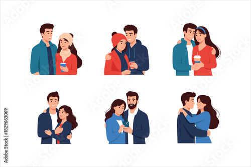 Set of six illustrations of couple in love showing affection