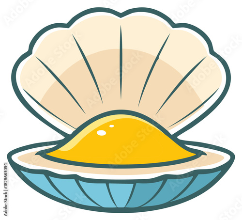 Open oyster shell with golden gem inside, vector illustration, pearl concept, cartoon style, treasure, rich, cute and lovely design.