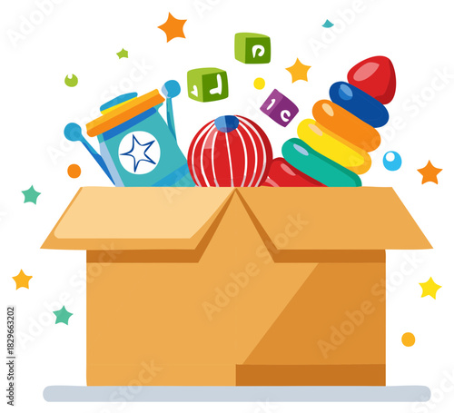 Joyful overflowing cardboard box filled with colorful children's toys and falling confetti stars