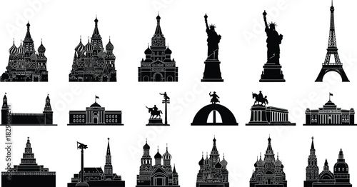 Collection of Black Silhouettes of Famous Global Landmarks and Monuments architecture