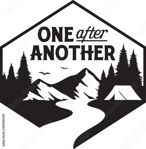 Outdoor Adventure Camping Badge with Mountain and Forest Silhouette