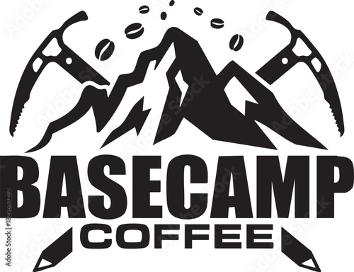 Basecamp Coffee Logo with Mountain Peak and Ice Axes