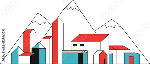 Modern geometric mountain village illustration with colorful houses, minimalist architecture, snowy peaks, contemporary design elements, clean lines, alpine landscape concept for graphic projects