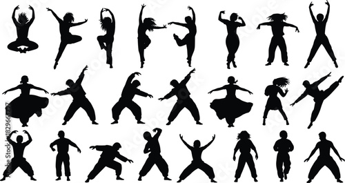 Collection of black silhouettes of people in various dynamic dance and martial arts poses