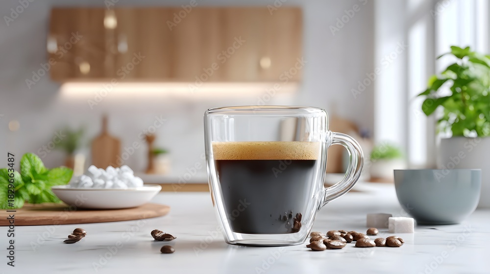 Obraz premium A stimulating cup of rich espresso topped with golden crema served in a double walled glass mug on a bright kitchen counter with fresh mint leaves sugar cubes and coffee beans