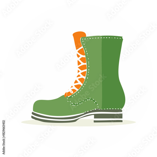 Illustration of a green lace-up boot with orange laces and accents, vintage style