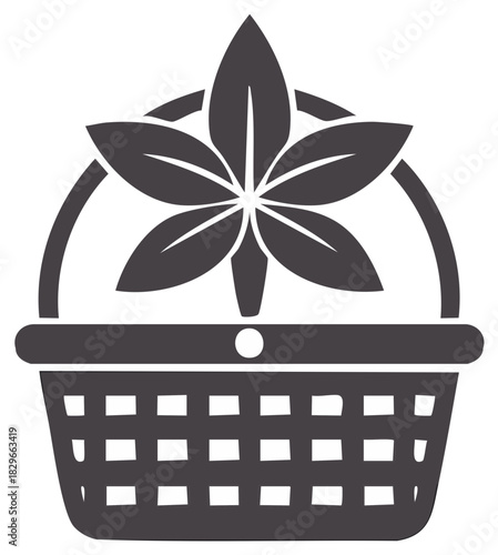 Wicker basket with stylized floral decoration, minimal flat vector graphic element, monochrome icon.